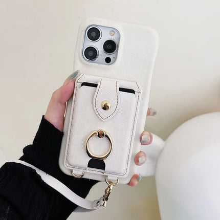 For iPhone 16 Pro Max Case Ring Kickstand Card Holder Jeans Cloth Texture PU Leather Back Cover with Strap