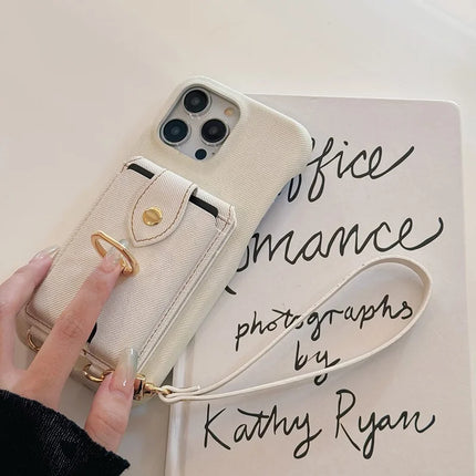 For iPhone 16 Pro Max Case Ring Kickstand Card Holder Jeans Cloth Texture PU Leather Back Cover with Strap