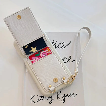 For iPhone 16 Pro Max Case Ring Kickstand Card Holder Jeans Cloth Texture PU Leather Back Cover with Strap