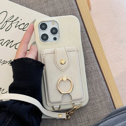 For iPhone 16 Pro Max Case Ring Kickstand Card Holder Jeans Cloth Texture PU Leather Back Cover with Strap
