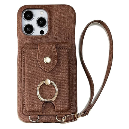 For iPhone 16 Pro Max Case Ring Kickstand Card Holder Jeans Cloth Texture PU Leather Back Cover with Strap - Dark Brown