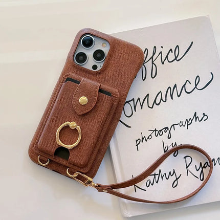For iPhone 16 Pro Max Case Ring Kickstand Card Holder Jeans Cloth Texture PU Leather Back Cover with Strap