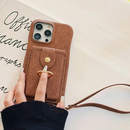 For iPhone 16 Pro Max Case Ring Kickstand Card Holder Jeans Cloth Texture PU Leather Back Cover with Strap