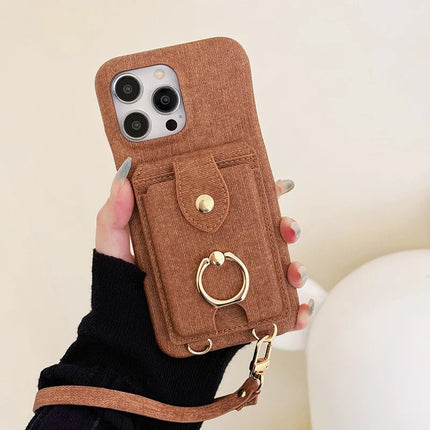 For iPhone 16 Pro Max Case Ring Kickstand Card Holder Jeans Cloth Texture PU Leather Back Cover with Strap