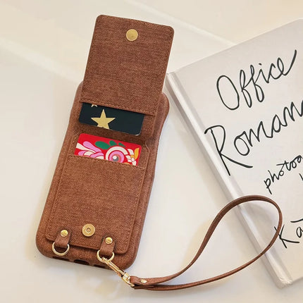 For iPhone 16 Pro Max Case Ring Kickstand Card Holder Jeans Cloth Texture PU Leather Back Cover with Strap