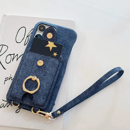 For iPhone 16 Pro Max Case Ring Kickstand Card Holder Jeans Cloth Texture PU Leather Back Cover with Strap