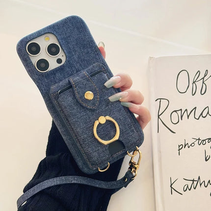 For iPhone 16 Pro Max Case Ring Kickstand Card Holder Jeans Cloth Texture PU Leather Back Cover with Strap
