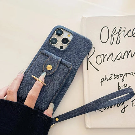 For iPhone 16 Pro Max Case Ring Kickstand Card Holder Jeans Cloth Texture PU Leather Back Cover with Strap