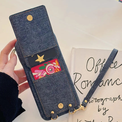 For iPhone 16 Pro Max Case Ring Kickstand Card Holder Jeans Cloth Texture PU Leather Back Cover with Strap