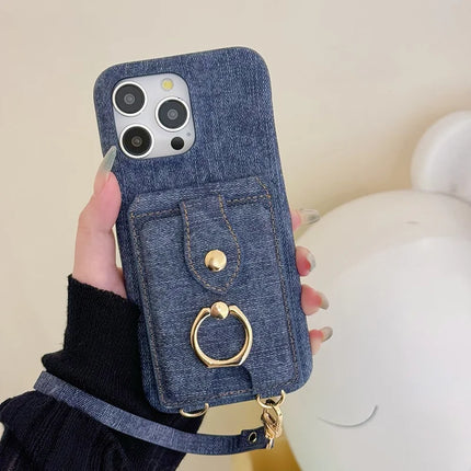 For iPhone 16 Pro Max Case Ring Kickstand Card Holder Jeans Cloth Texture PU Leather Back Cover with Strap