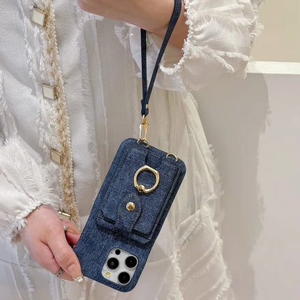 For iPhone 16 Pro Max Case Ring Kickstand Card Holder Jeans Cloth Texture PU Leather Back Cover with Strap