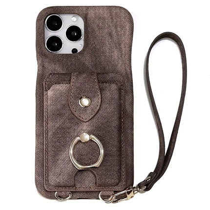 For iPhone 16 Pro Max Case Ring Kickstand Card Holder Jeans Cloth Texture PU Leather Back Cover with Strap - Light Brown