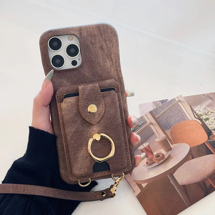 For iPhone 16 Pro Max Case Ring Kickstand Card Holder Jeans Cloth Texture PU Leather Back Cover with Strap