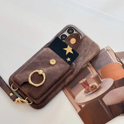 For iPhone 16 Pro Max Case Ring Kickstand Card Holder Jeans Cloth Texture PU Leather Back Cover with Strap