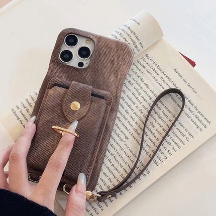 For iPhone 16 Pro Max Case Ring Kickstand Card Holder Jeans Cloth Texture PU Leather Back Cover with Strap