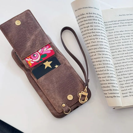 For iPhone 16 Pro Max Case Ring Kickstand Card Holder Jeans Cloth Texture PU Leather Back Cover with Strap