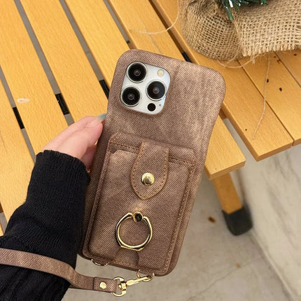 For iPhone 16 Pro Max Case Ring Kickstand Card Holder Jeans Cloth Texture PU Leather Back Cover with Strap
