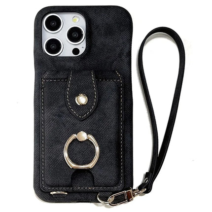 For iPhone 16 Pro Max Case Ring Kickstand Card Holder Denim Texture PU Leather Back Cover with Strap - Black