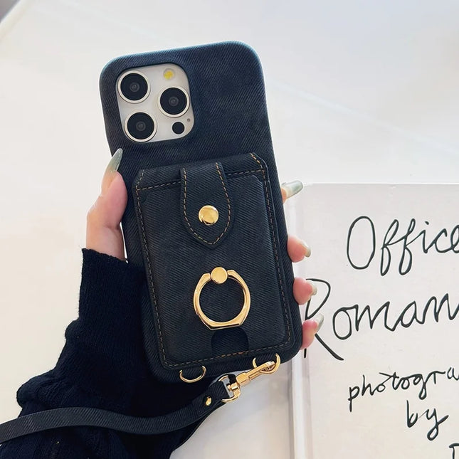 For iPhone 16 Pro Max Case Ring Kickstand Card Holder Denim Texture PU Leather Back Cover with Strap