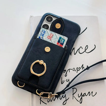 For iPhone 16 Pro Max Case Ring Kickstand Card Holder Denim Texture PU Leather Back Cover with Strap