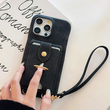 For iPhone 16 Pro Max Case Ring Kickstand Card Holder Denim Texture PU Leather Back Cover with Strap