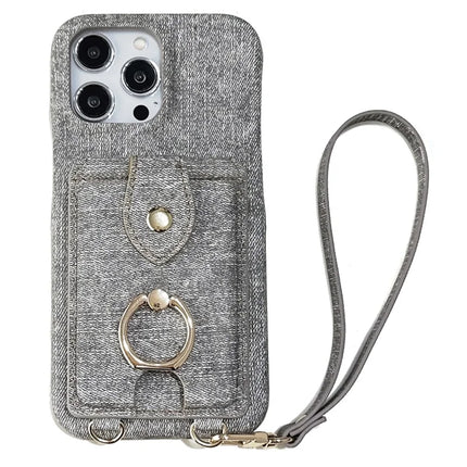 For iPhone 16 Pro Max Case Ring Kickstand Card Holder Jeans Cloth Texture PU Leather Back Cover with Strap - Grey