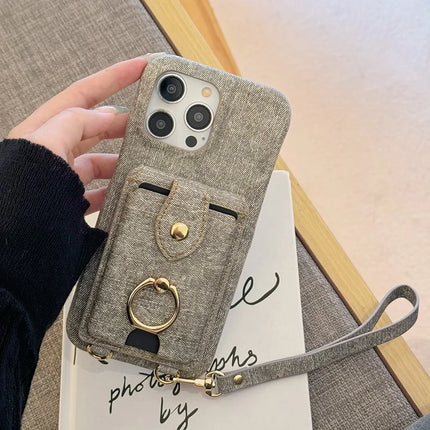 For iPhone 16 Pro Max Case Ring Kickstand Card Holder Jeans Cloth Texture PU Leather Back Cover with Strap