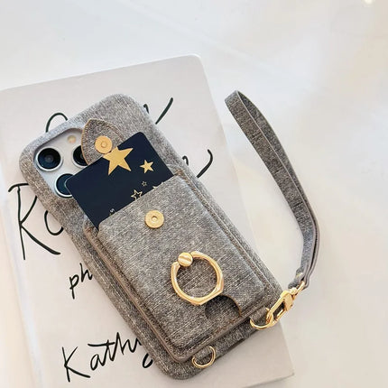 For iPhone 16 Pro Max Case Ring Kickstand Card Holder Jeans Cloth Texture PU Leather Back Cover with Strap