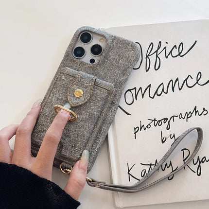For iPhone 16 Pro Max Case Ring Kickstand Card Holder Jeans Cloth Texture PU Leather Back Cover with Strap