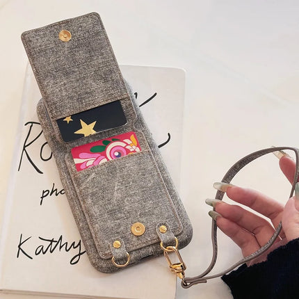 For iPhone 16 Pro Max Case Ring Kickstand Card Holder Jeans Cloth Texture PU Leather Back Cover with Strap