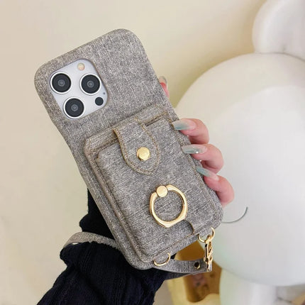 For iPhone 16 Pro Max Case Ring Kickstand Card Holder Jeans Cloth Texture PU Leather Back Cover with Strap