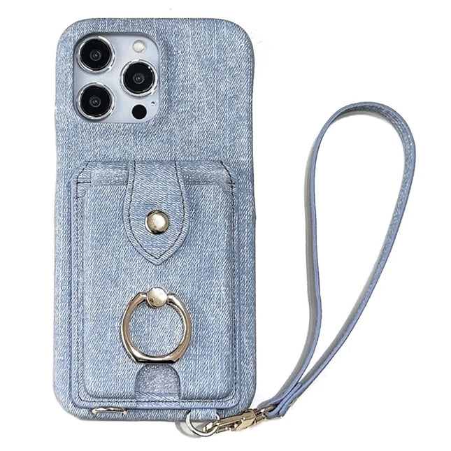 For iPhone 16 Pro Max Case Ring Kickstand Card Holder Jeans Cloth Texture PU Leather Back Cover with Strap - Baby Blue