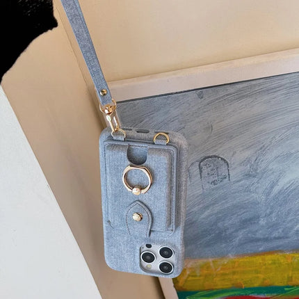 For iPhone 16 Pro Max Case Ring Kickstand Card Holder Jeans Cloth Texture PU Leather Back Cover with Strap