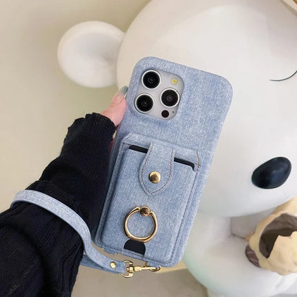 For iPhone 16 Pro Max Case Ring Kickstand Card Holder Jeans Cloth Texture PU Leather Back Cover with Strap