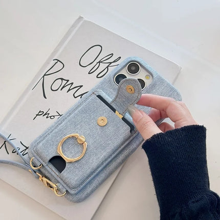 For iPhone 16 Pro Max Case Ring Kickstand Card Holder Jeans Cloth Texture PU Leather Back Cover with Strap
