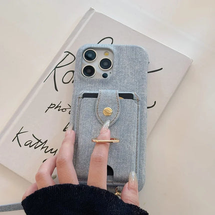 For iPhone 16 Pro Max Case Ring Kickstand Card Holder Jeans Cloth Texture PU Leather Back Cover with Strap