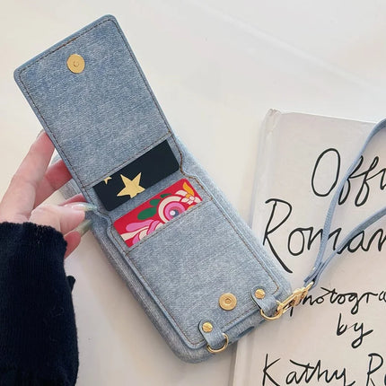 For iPhone 16 Pro Max Case Ring Kickstand Card Holder Jeans Cloth Texture PU Leather Back Cover with Strap