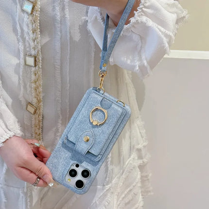 For iPhone 16 Pro Max Case Ring Kickstand Card Holder Jeans Cloth Texture PU Leather Back Cover with Strap