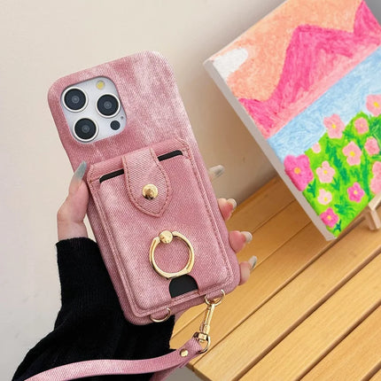 For iPhone 16 Pro Case Ring Kickstand Card Holder Jeans Cloth Texture PU Leather Back Cover with Strap