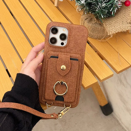 For iPhone 16 Pro Case Ring Kickstand Card Holder Jeans Cloth Texture PU Leather Back Cover with Strap