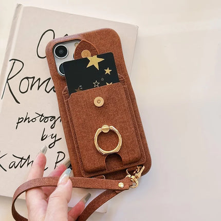 For iPhone 16 Pro Case Ring Kickstand Card Holder Jeans Cloth Texture PU Leather Back Cover with Strap