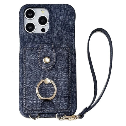 For iPhone 16 Pro Case Ring Kickstand Card Holder Jeans Cloth Texture PU Leather Back Cover with Strap - Dark Blue