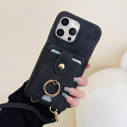 For iPhone 16 Pro Case Ring Kickstand Card Holder Jeans Cloth Texture PU Leather Back Cover with Strap