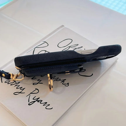 For iPhone 16 Pro Case Ring Kickstand Card Holder Jeans Cloth Texture PU Leather Back Cover with Strap