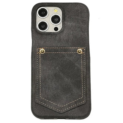 For iPhone 16 Pro Max Case Card Holder Jeans Cloth Texture PU Leather Back Cover - Black