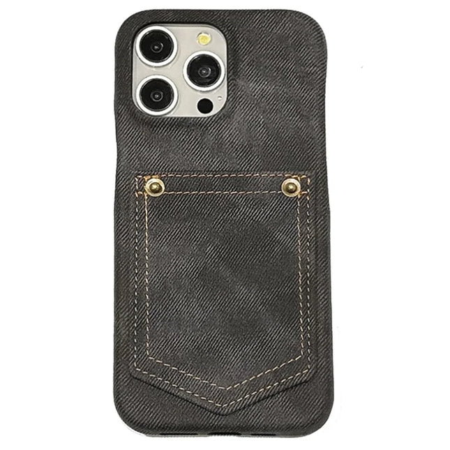 For iPhone 16 Pro Max Case Card Holder Jeans Cloth Texture PU Leather Back Cover - Black