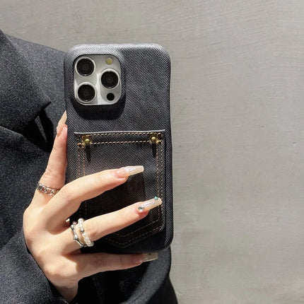 For iPhone 16 Pro Max Case Card Holder Jeans Cloth Texture PU Leather Back Cover