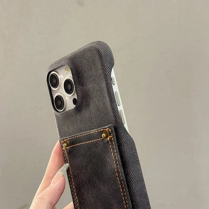 For iPhone 16 Pro Max Case Card Holder Jeans Cloth Texture PU Leather Back Cover