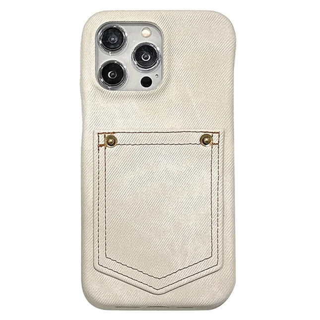 For iPhone 16 Pro Max Case Card Holder Jeans Cloth Texture PU Leather Back Cover - White