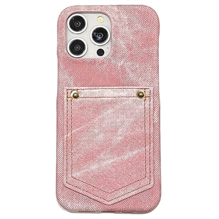 For iPhone 16 Pro Max Case Card Holder Jeans Cloth Texture PU Leather Back Cover - Pink